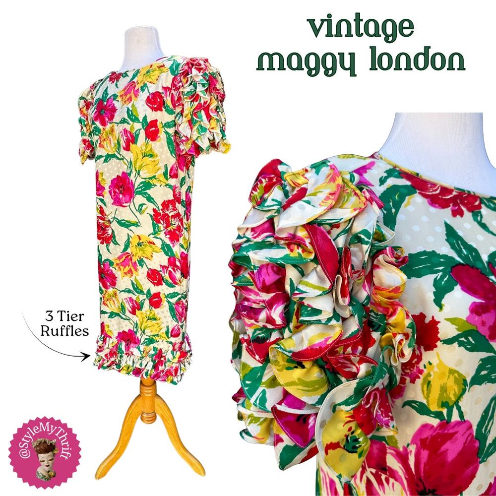 Vtg 80s 90s Dress Silk Floral Ruffle Poof WeddingGuest Modest Garden Derby Party